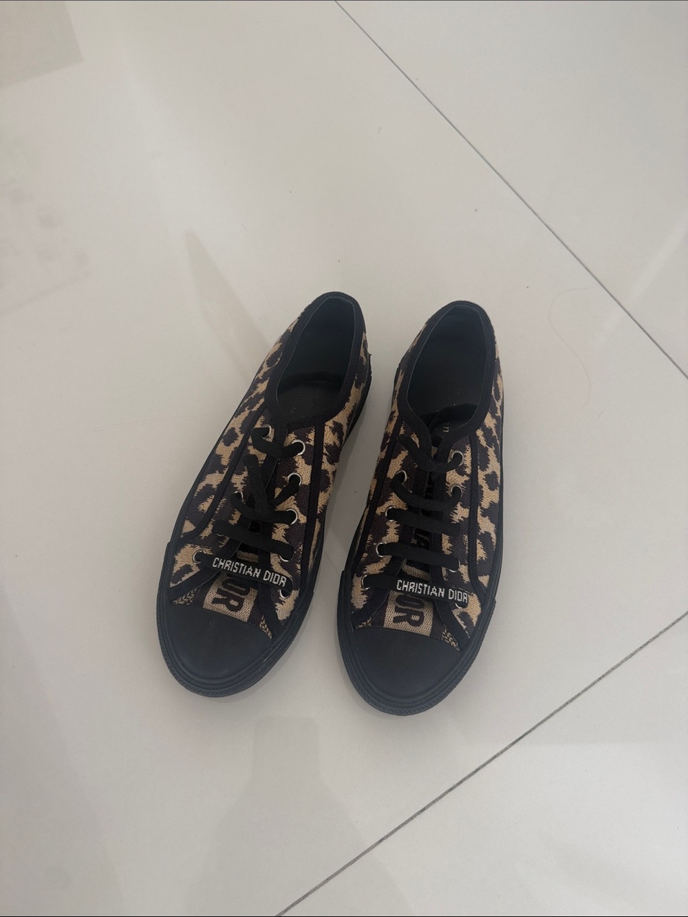 Christian Dior Leopard Print Canvas Sneakers - Black & Tan